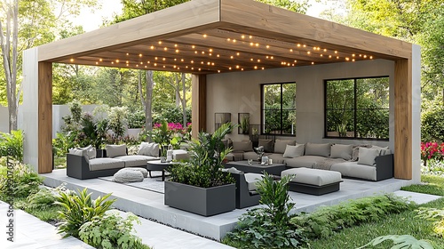 A modern outdoor pavilion with sleek wooden beams, surrounded by lush green plants, comfortable seating with soft cushions, and warm string lights overhead, photo