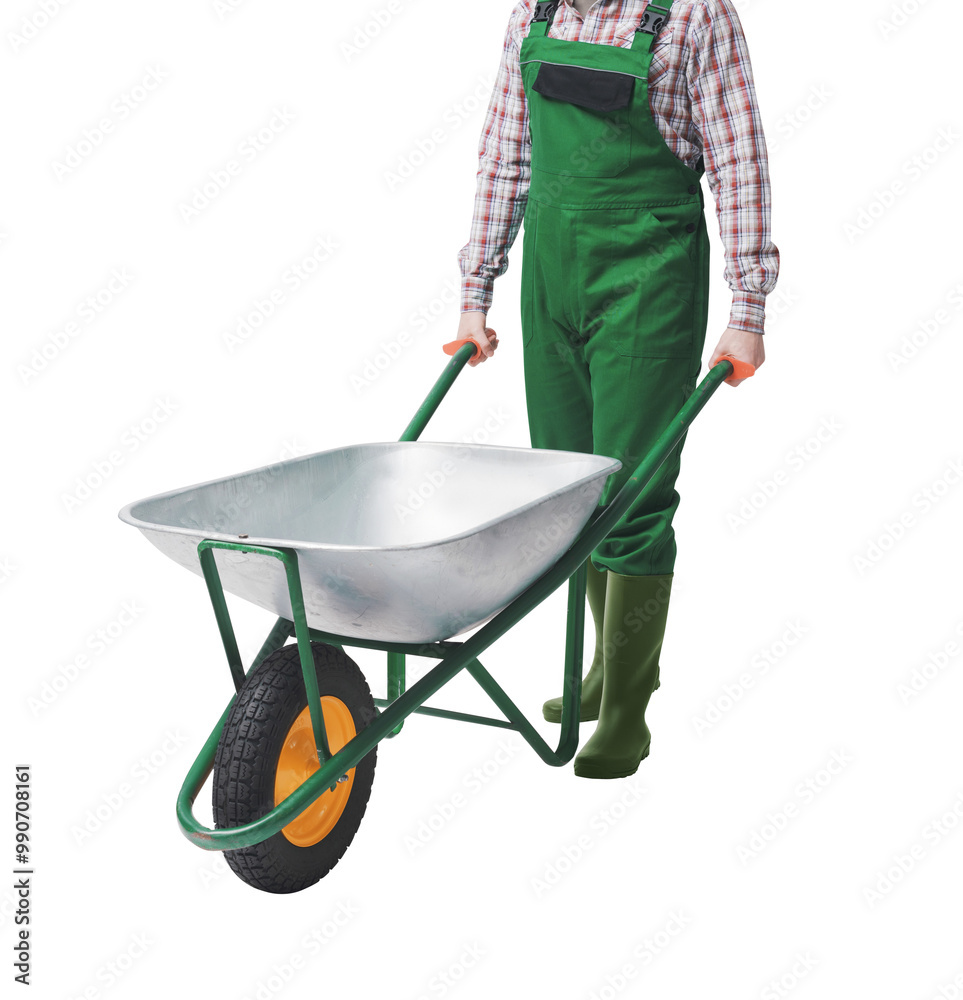 Happy gardener posing with a wheelbarrow
