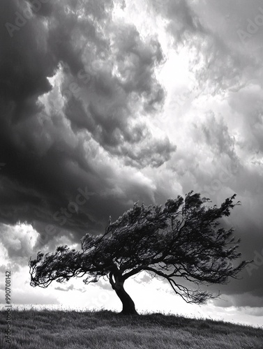 A solitary tree defiantly bends in the tempest, its gnarled limbs battling the swirling winds beneath ominous skies. photo