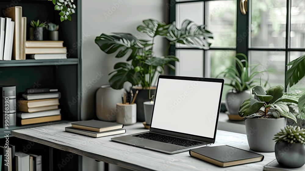 Simple desk setup with a laptop and plants in a cozy home office Simple desk setup with a laptop and plants in a cozy home office