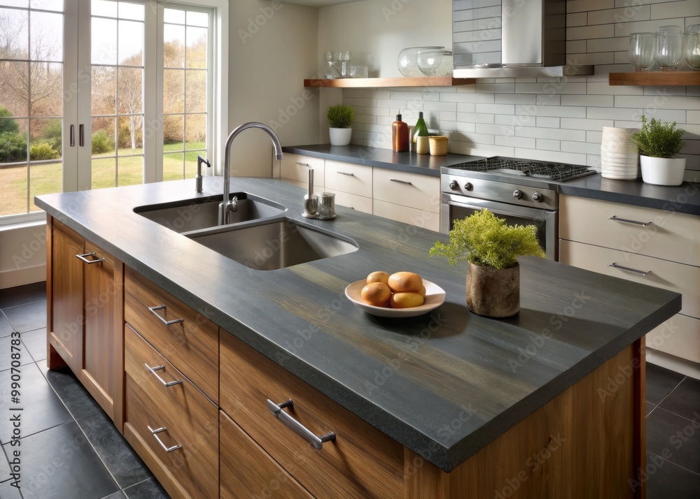 Slate countertops boast a matte finish, clean lines, and a sophisticated aesthetic, seamlessly integrating into kitchen Slate countertops boast a matte finish, clean lines, and a sophisticated aesthetic, seamlessly integrating into kitchen