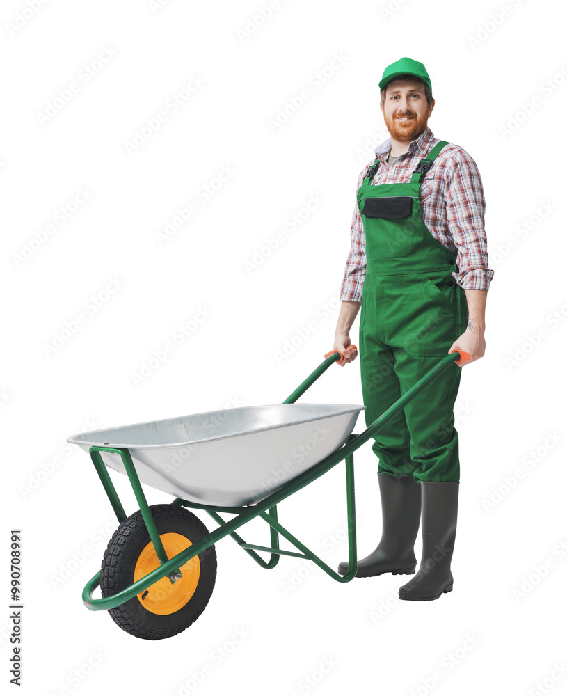 Happy gardener posing with a wheelbarrow Happy gardener posing with a wheelbarrow