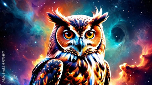 Colorful owl with glowing eyes in a cosmic nebula. photo