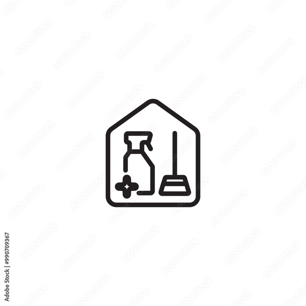 A house with a spray bottle and a broom inside on icon. A line drawing of a house with a spray bottle and a broom inside, representing cleaning, housekeeping, or home maintenance. Editable icon. A house with a spray bottle and a broom inside on icon. A line drawing of a house with a spray bottle and a broom inside, representing cleaning, housekeeping, or home maintenance. Editable icon.
