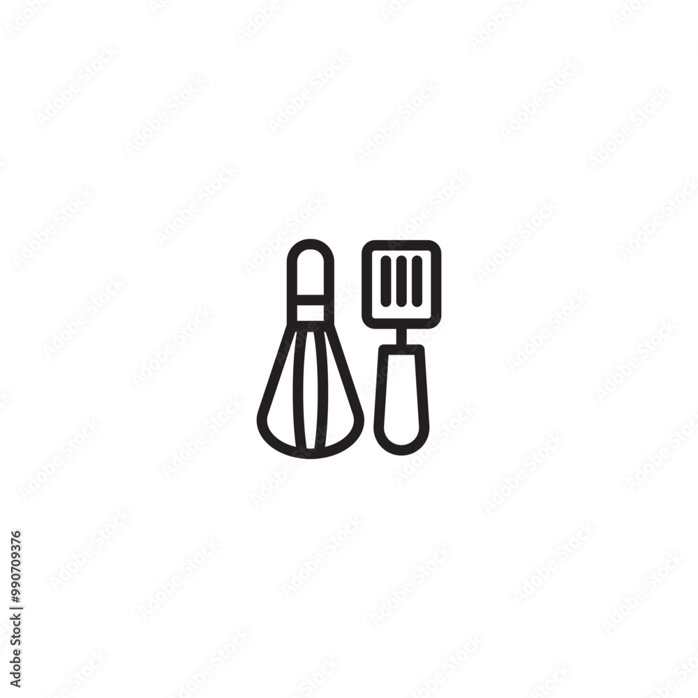 A whisk and spatula on icon. A line drawing of a whisk and a spatula, representing cooking utensils or baking tools. Editable icon. A whisk and spatula on icon. A line drawing of a whisk and a spatula, representing cooking utensils or baking tools. Editable icon.