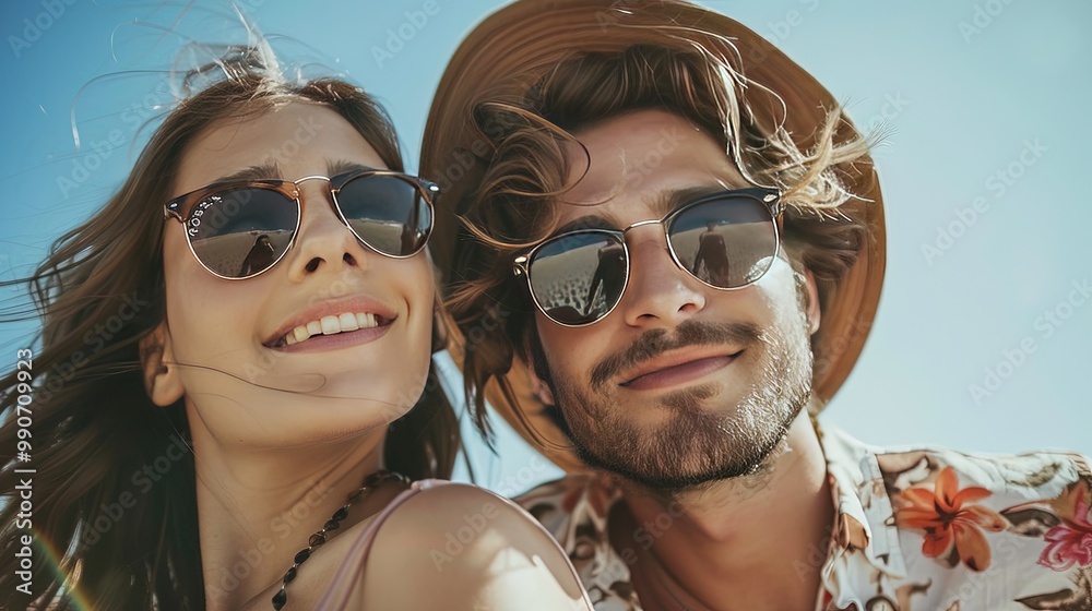 Smiling couple wearing sunglasses enjoying a sunny day outdoors together Smiling couple wearing sunglasses enjoying a sunny day outdoors together