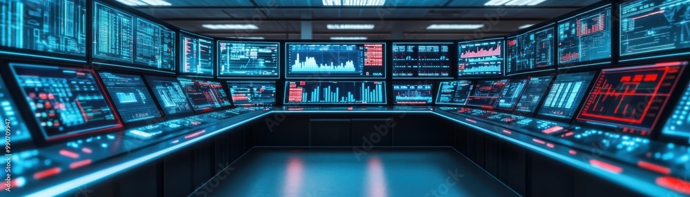Obraz premium Futuristic control room with multiple screens displaying data and information in an advanced technological environment.