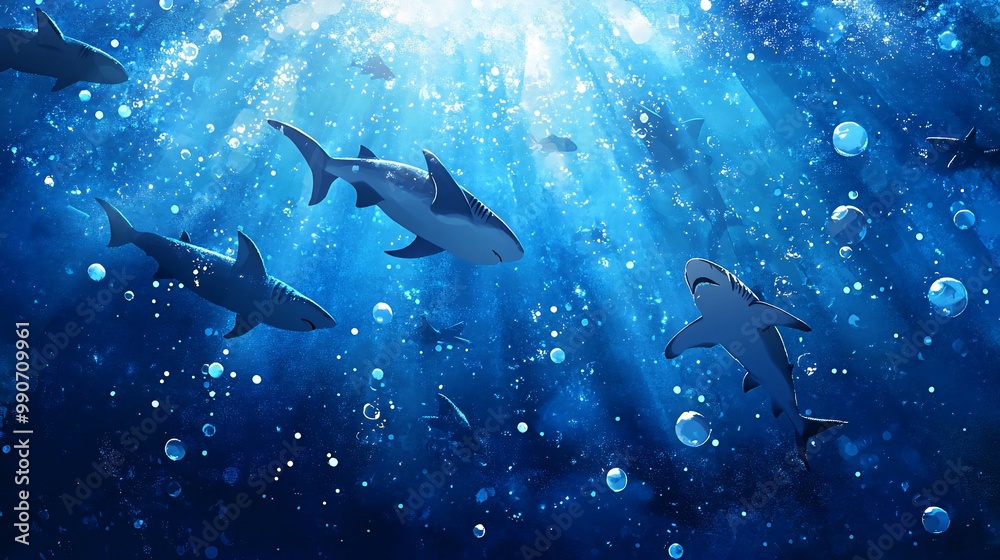 A group of sharks swim in a deep blue ocean, with sun rays and bubbles visible. A group of sharks swim in a deep blue ocean, with sun rays and bubbles visible.