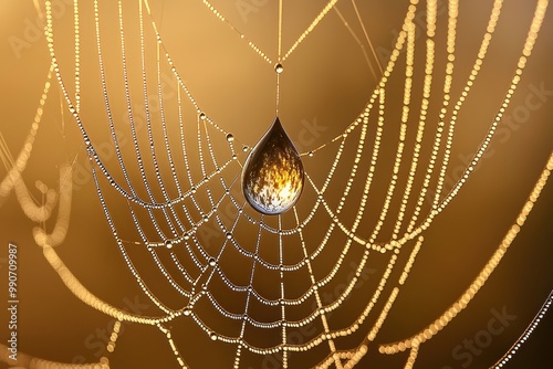 Intricate spider web with dew drops capturing the morning light