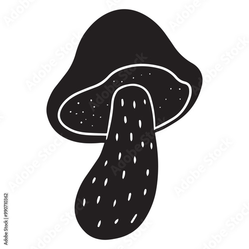 Linocut design mushroom, hand drawn vector illustration, isolated on white. Silhouette of boletus