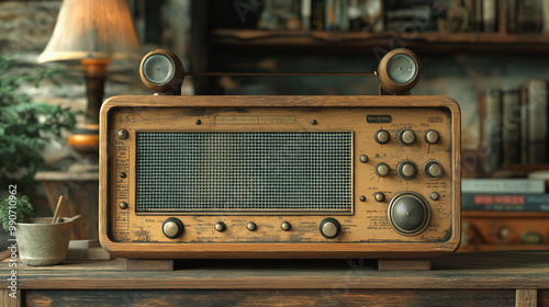 A 3D render of a pastel color retro radio. The radio is a vintage model