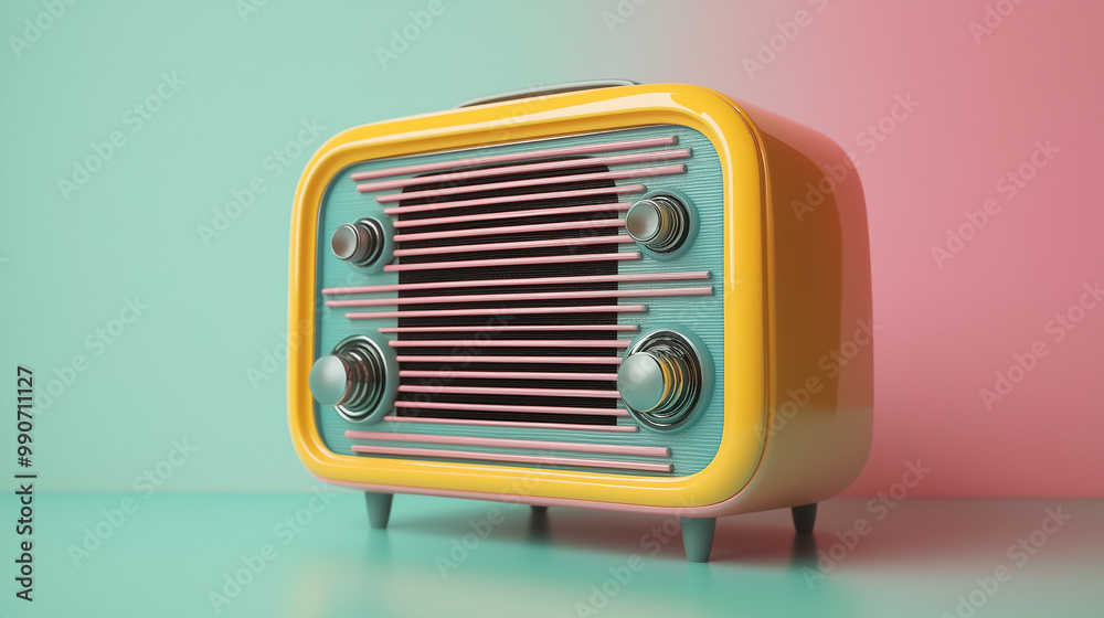A 3D render of a pastel color retro radio. The radio is a vintage model
