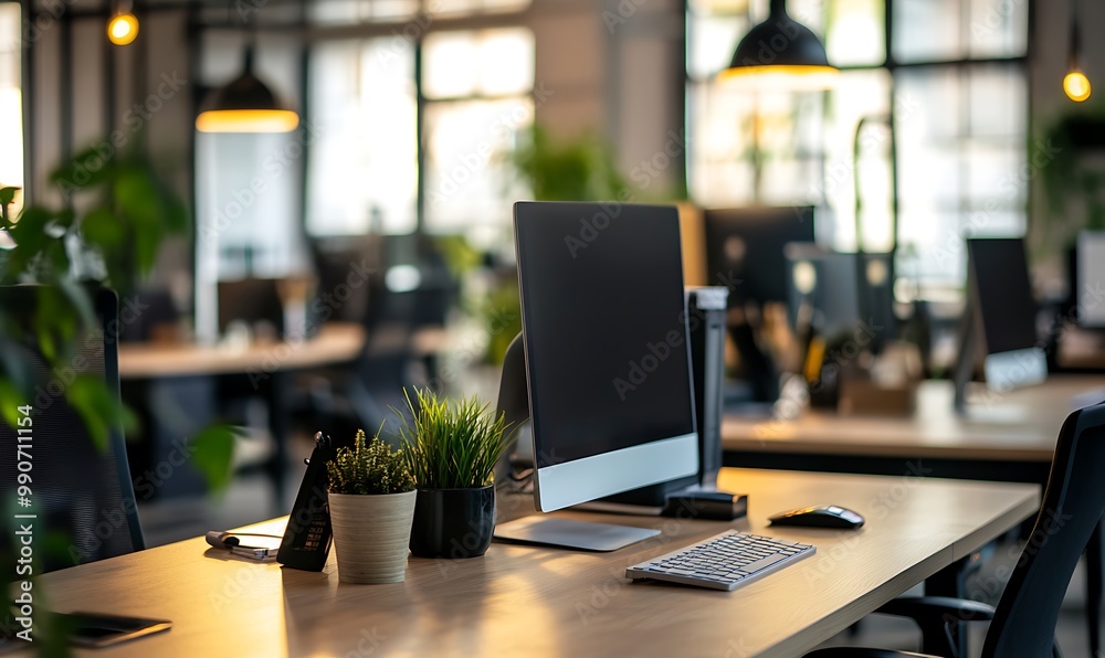 Modern Office Workspace with a Computer and Plants Modern Office Workspace with a Computer and Plants