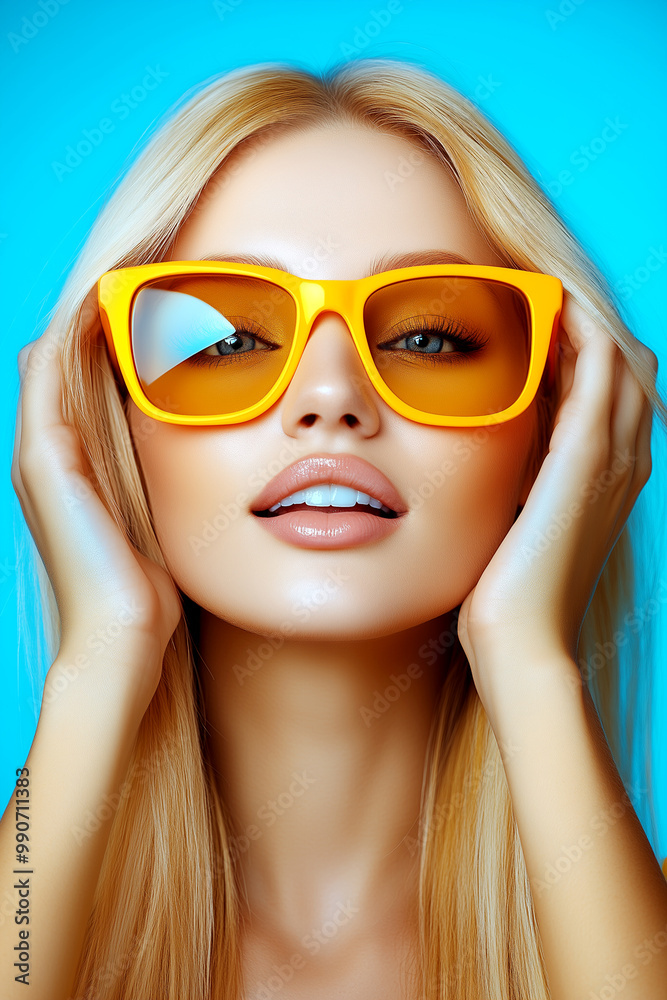 A blonde woman wearing yellow sunglasses is posing for a photo. The sunglasses are oversized and the woman's smile is bright and cheerful. Scene is happy and carefree A blonde woman wearing yellow sunglasses is posing for a photo. The sunglasses are oversized and the woman's smile is bright and cheerful. Scene is happy and carefree