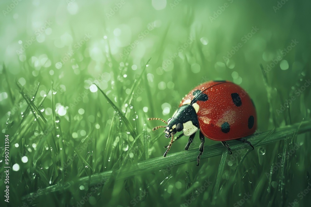 Obraz premium Ladybug crawling on dew covered grass in lush green field