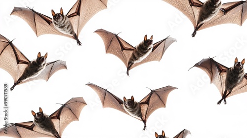 A striking arrangement of flying bats forms a captivating design ideal for a creative poster template against a clean white backdrop.