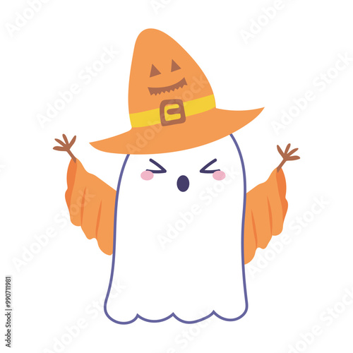 Halloween cute ghost in flat design. Spooky spirit in witch hat scaring. Vector illustration isolated.