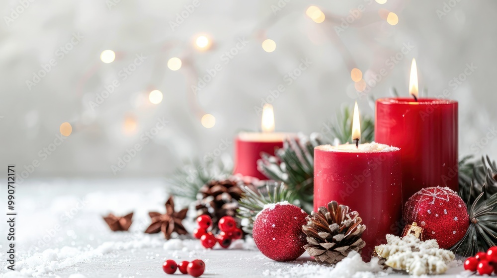 Festive white background with decorated Christmas candles Festive white background with decorated Christmas candles