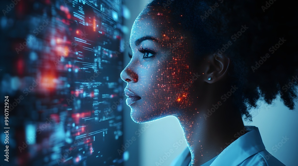 Side profile of a black female doctor analyzing a glowing AI hologram, futuristic healthcare interface with data streams, medical symbols floating around Side profile of a black female doctor analyzing a glowing AI hologram, futuristic healthcare interface with data streams, medical symbols floating around