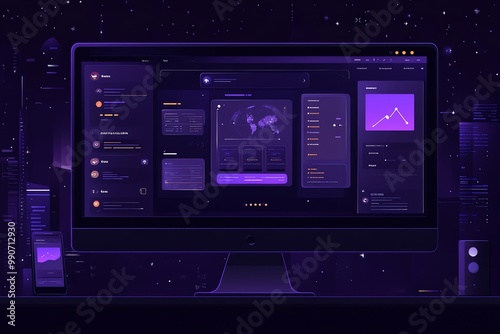 Desktop computer screen with a dark interface showing a world map, data charts, and graphs.