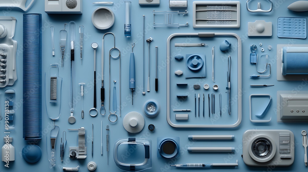 A Collection of Medical Instruments and Supplies on a Blue Background A Collection of Medical Instruments and Supplies on a Blue Background