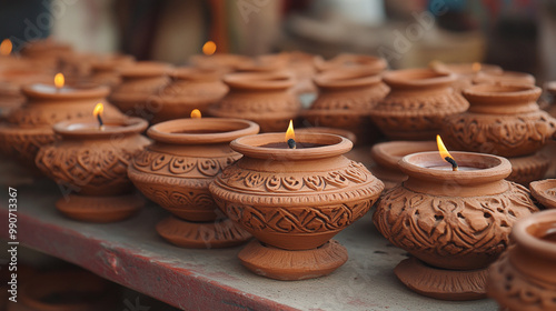 Clay lamp stall for festival celebration, Terracotta diyas or oil lamps for Diwali for sale at a market in India