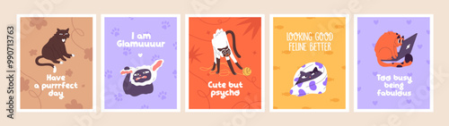 Set of cards with cute goofy cats and comic phrases. Posters with funny kitties. Naughty kittens have fun, playing. Postcards with adorable pets, amusing domestic animals. Flat vector illustrations