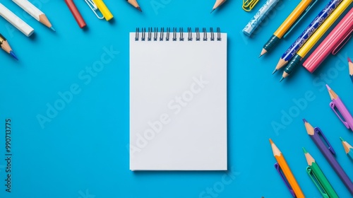 A blank notepad sits on a blue background, surrounded by school supplies like pencils and pens. It's a simple scene, perfect for showing off your back-to-school products or ideas.