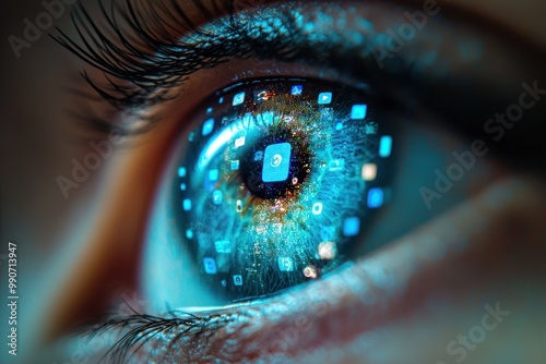 Digital icons inside eye symbolizing tech immersion.