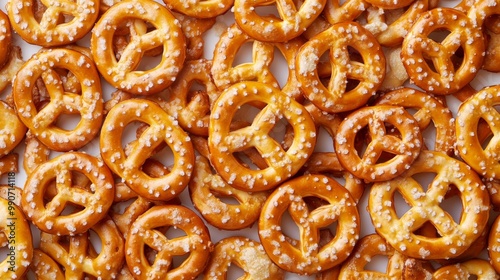 A bunch of tasty pretzel crackers spread out, seen from above.