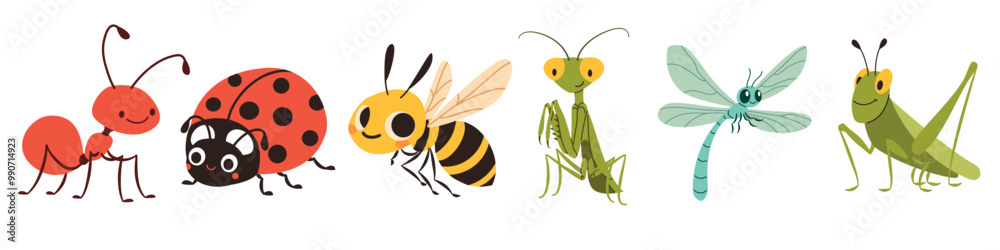 Fototapeta premium A set of flat vector illustrations in children's style. Cute mosquito caterpillar wasp ladybug mantis dragonfly grasshopper grasshopper ant. Vector illustration