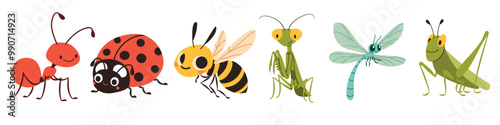 A set of flat vector illustrations in children's style. Cute mosquito caterpillar wasp ladybug mantis dragonfly grasshopper grasshopper ant. Vector illustration