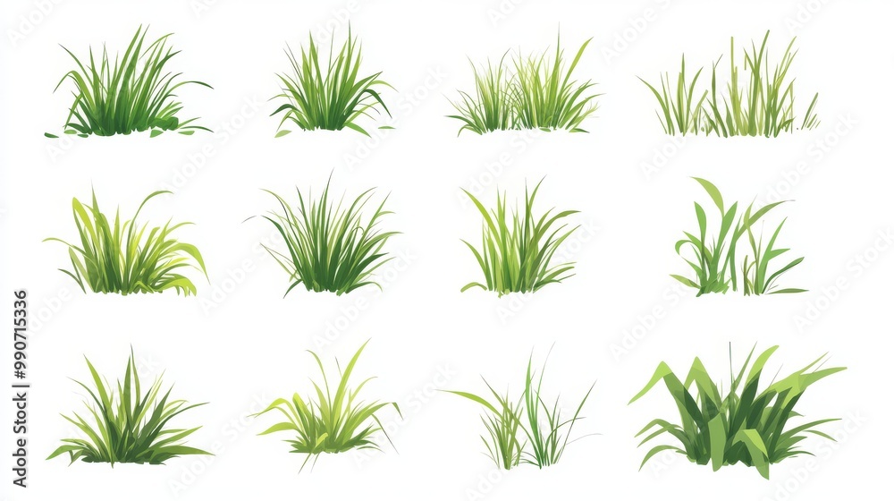 A collection of simple, flat-style drawings of grass. Each picture shows grass on a plain white background. A collection of simple, flat-style drawings of grass. Each picture shows grass on a plain white background.