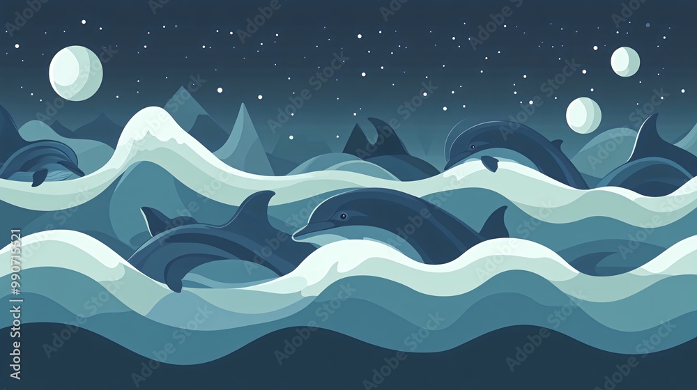 A group of dolphins swim through the waves at night under a starry sky.