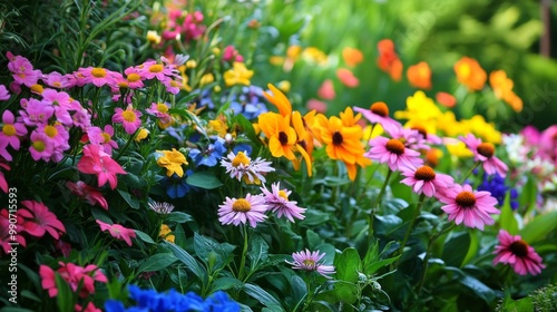 A colorful garden filled with beautiful flowers in nature.