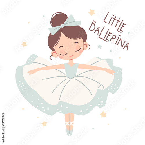 Flat vector illustration in children's style. Cute ballerina dancing on white background. Print to print, lettering a little ballerina . Vector illustration