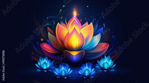 a diwali poster with a colorful lotus flower and blue lotus flowers on the bottom on dark background