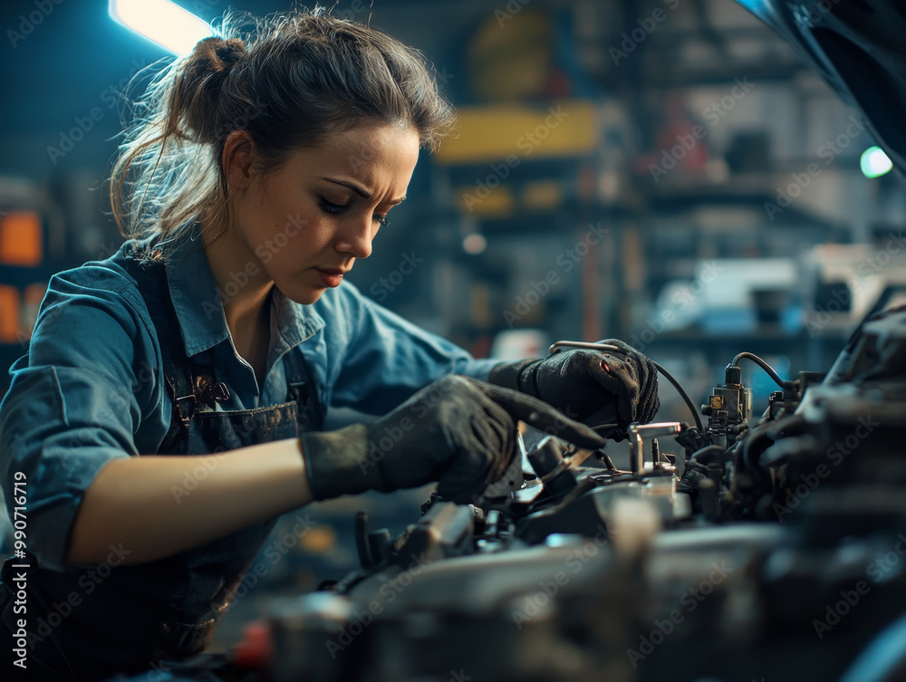 Female mechanic working on a car engine in a garage. Female mechanic working on a car engine in a garage.