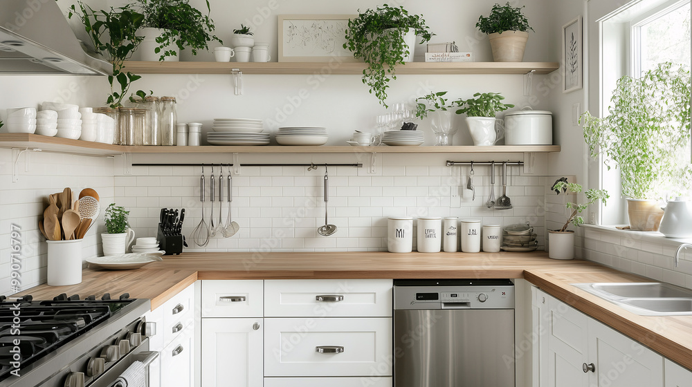 Bright Scandinavian-style kitchen featuring clean white cabinetry, stainless steel appliances, and wooden countertops. Open shelving holds ceramic dishes and plants for a fresh, natural look Bright Scandinavian-style kitchen featuring clean white cabinetry, stainless steel appliances, and wooden countertops. Open shelving holds ceramic dishes and plants for a fresh, natural look