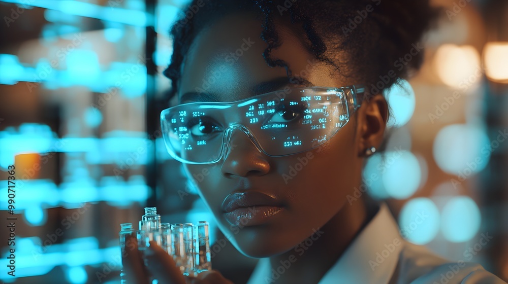 African American woman checking vials in a sterile lab environment, AI-generated data overlays on the screen, smooth blue lighting, Futuristic, 3D Render African American woman checking vials in a sterile lab environment, AI-generated data overlays on the screen, smooth blue lighting, Futuristic, 3D Render