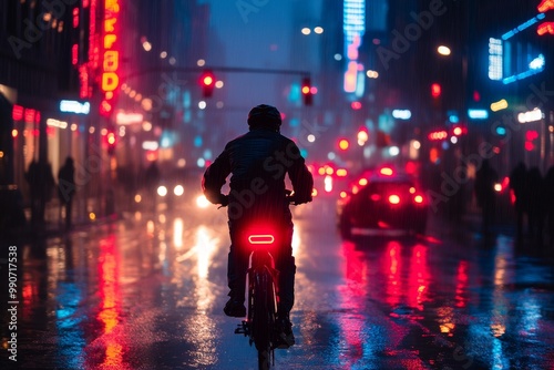 Cyclist navigating wet urban streets at night under neon lights in a bustling city