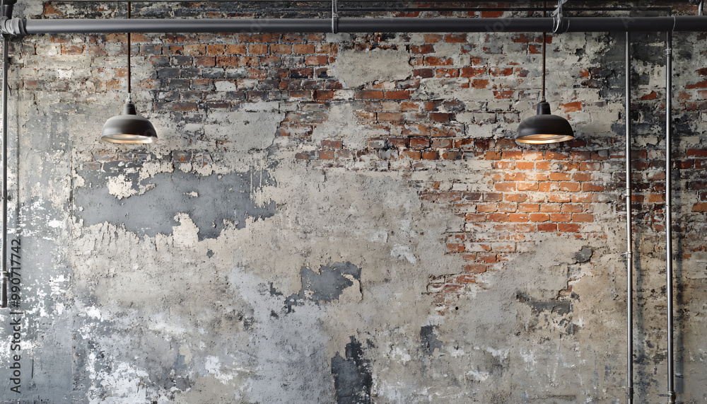 Obraz premium A textured wall with exposed bricks, metal pipes, and raw concrete, offering a modern, urban, and gritty aesthetic