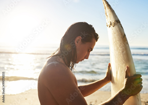 Canvas Print Travel, surfer and man with surfboard at beach for water sport, adventure and tropical holiday