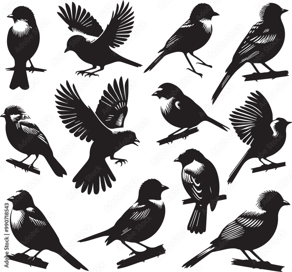 Obraz premium Black and White Bird Silhouette Vector Set: Flying, Perched, and Standing Bird Illustrations for Graphic Design and Ornithology Resources