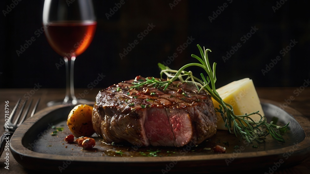 Meat, Steak with Blood, Wine, Black Pepper, Thyme, Rosemary, New Potatoes, Food, Spices, Kitchen Utensils, Wooden Slicing Board, Beef Meat, Steak with Blood, Wine, Black Pepper, Thyme, Rosemary, New Potatoes, Food, Spices, Kitchen Utensils, Wooden Slicing Board, Beef