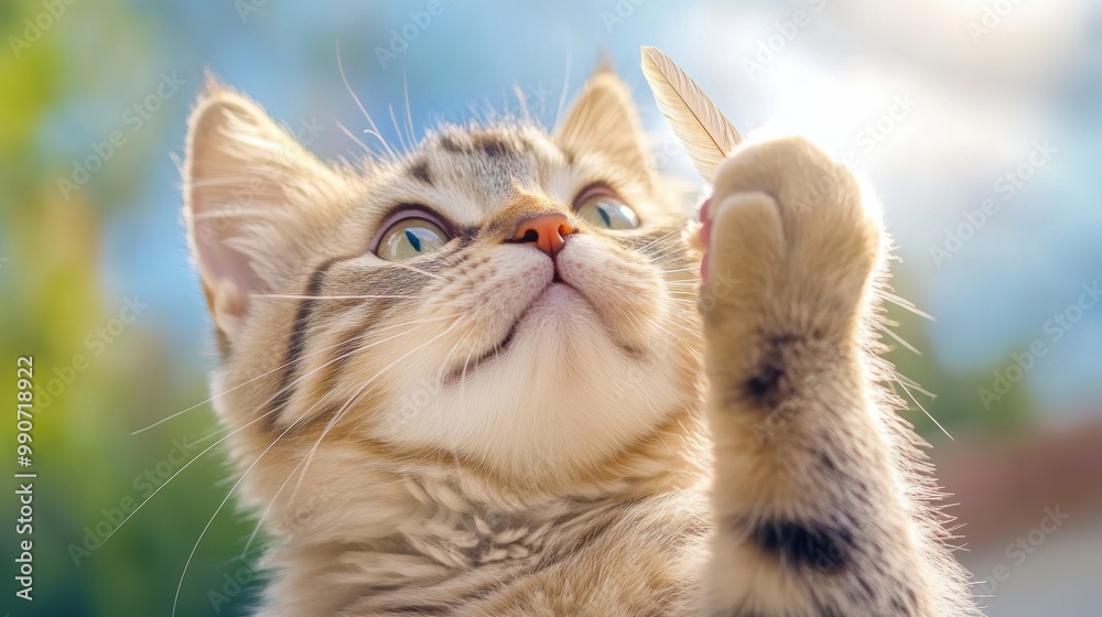 Fototapeta premium A cat is looking up at a feather on the ground, AI