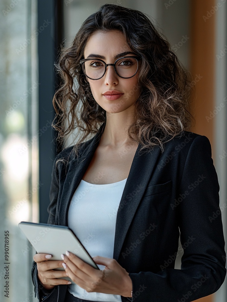 Capture your aspirations with a striking image of a poised professional confidently wielding a tablet, ready to make impactful decisions.