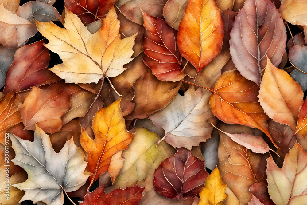 Obraz premium Assorted Autumn Leaves in Warm Earthy Tones Background, A close-up view of various autumn leaves in warm, earthy hues, showcasing the beauty of fall
