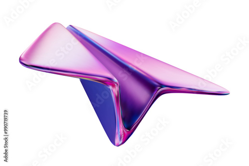 3d neon or holographic origami paper airplane icon on white isolated background. Stock vector illustration