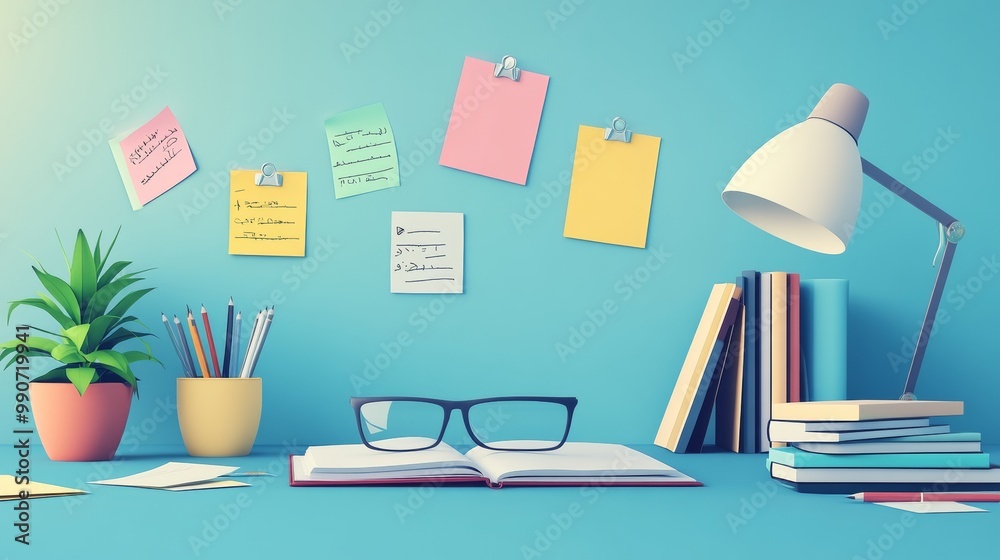 A desk with school supplies like books, pens, and glasses, plus a lamp and a plant. It's set against a blue wall with sticky notes, perfect for study or work. A desk with school supplies like books, pens, and glasses, plus a lamp and a plant. It's set against a blue wall with sticky notes, perfect for study or work.